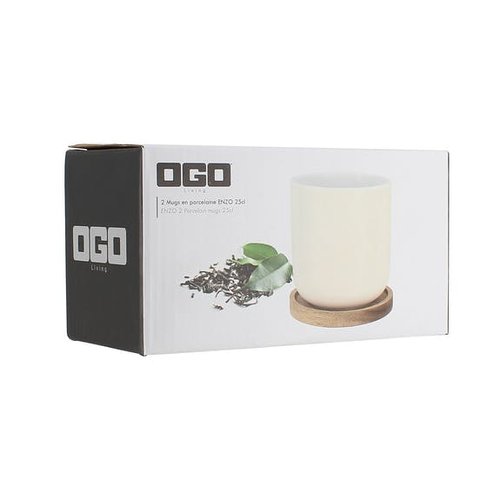 2 Weiße Steingut Becher mit Holzdeckel