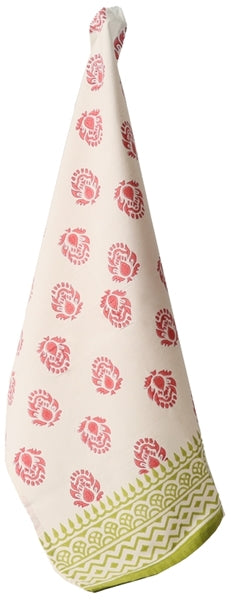 Geschirrtuch mit roten Ornamenten und grüner Kante