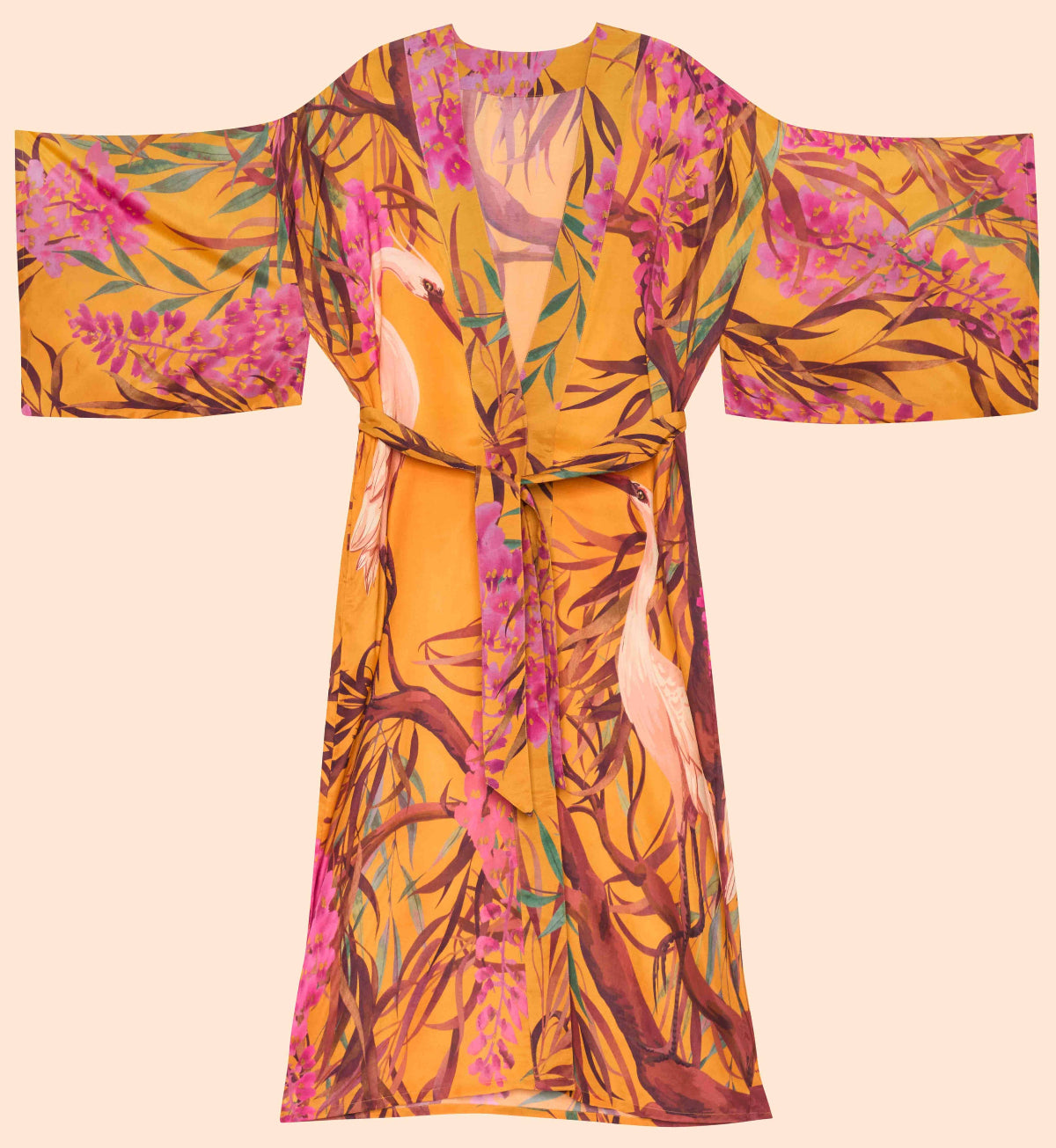 Kimono-Kleid |Orientalischer Kranich - Ocker