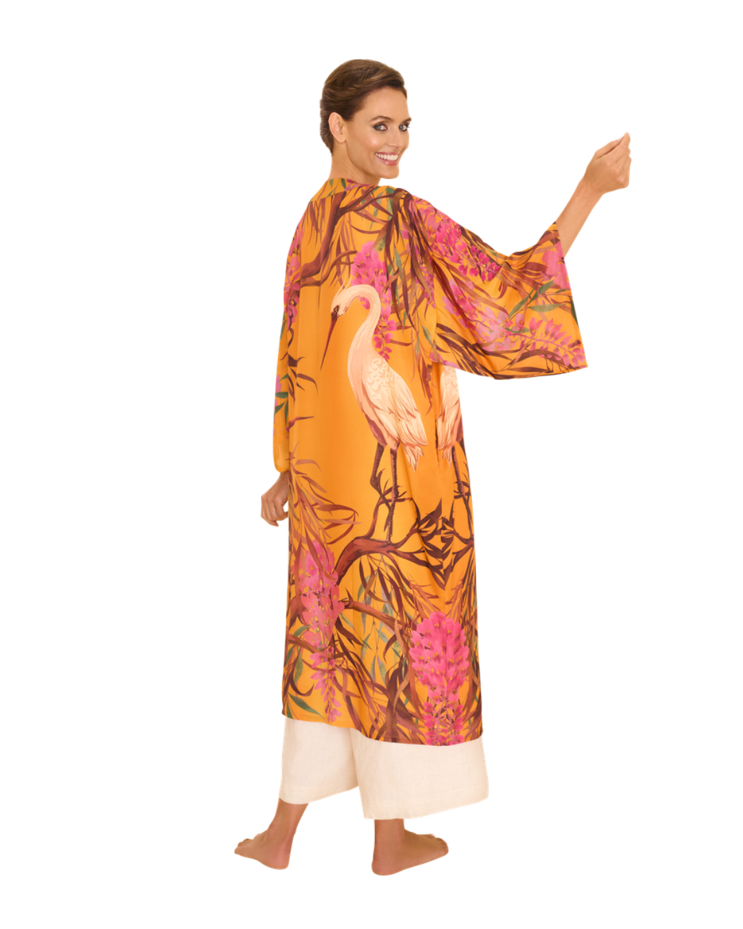 Kimono-Kleid |Orientalischer Kranich - Ocker