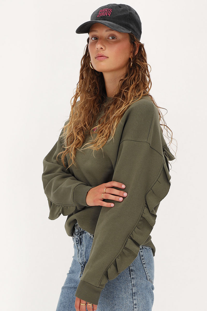 Olivfarbenes Sweatshirt mit Rüsche auf der Rückseite