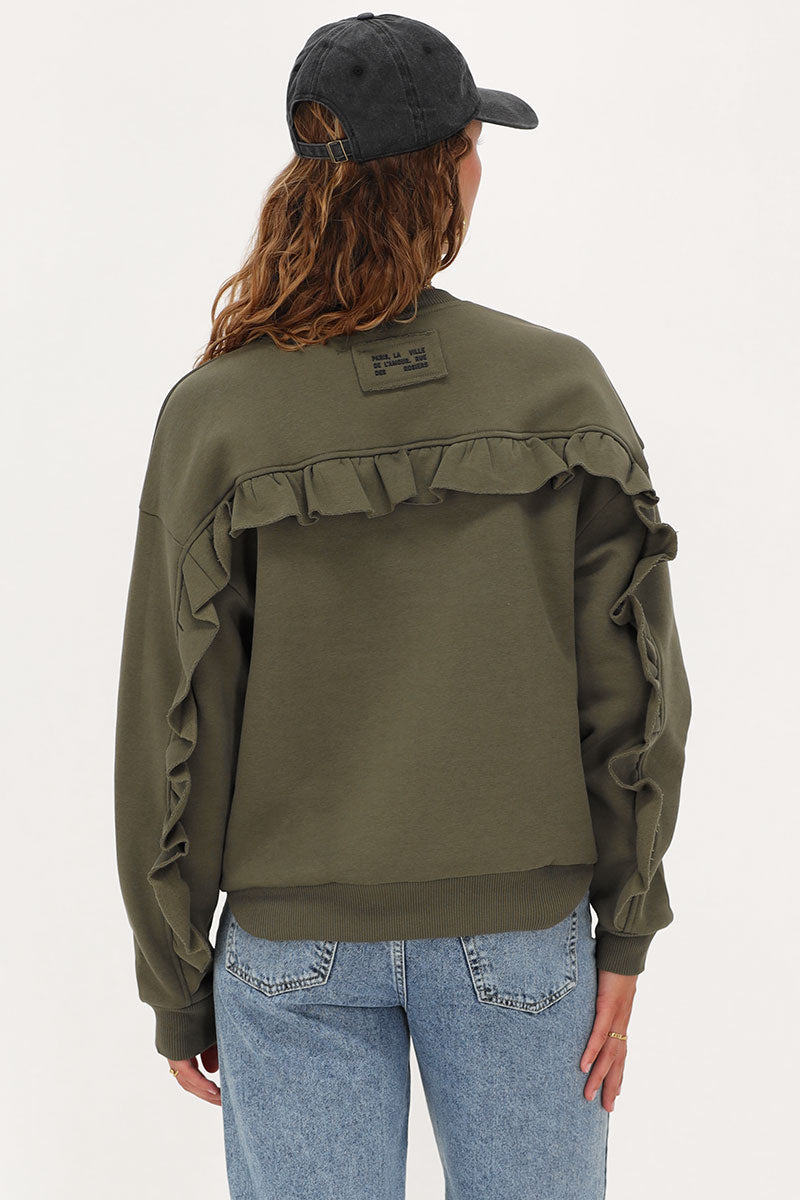 Olivfarbenes Sweatshirt mit Rüsche auf der Rückseite