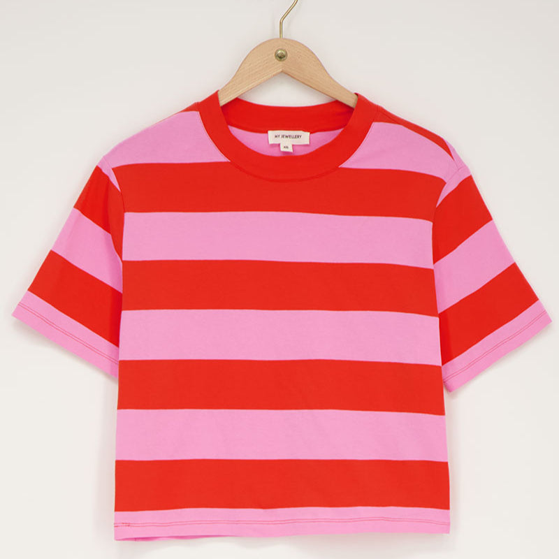 T-Shirt mit breiten Orange-Rosa Streifen