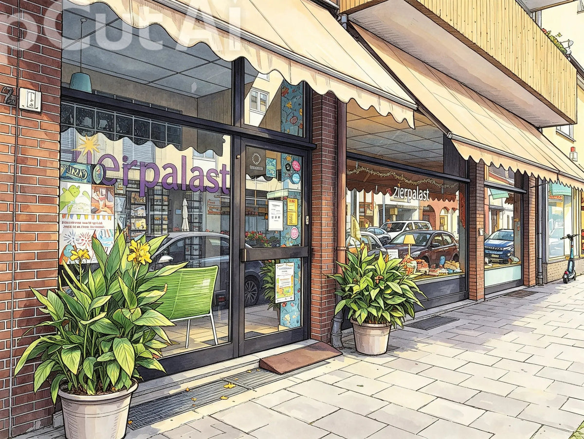 KI-Zeichnung von der Ladenansicht vom zierpalast in Wiesbaden