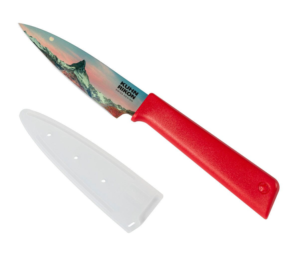 Rotes Küchenmesser mit Matterhorn Foto auf der Klinge
