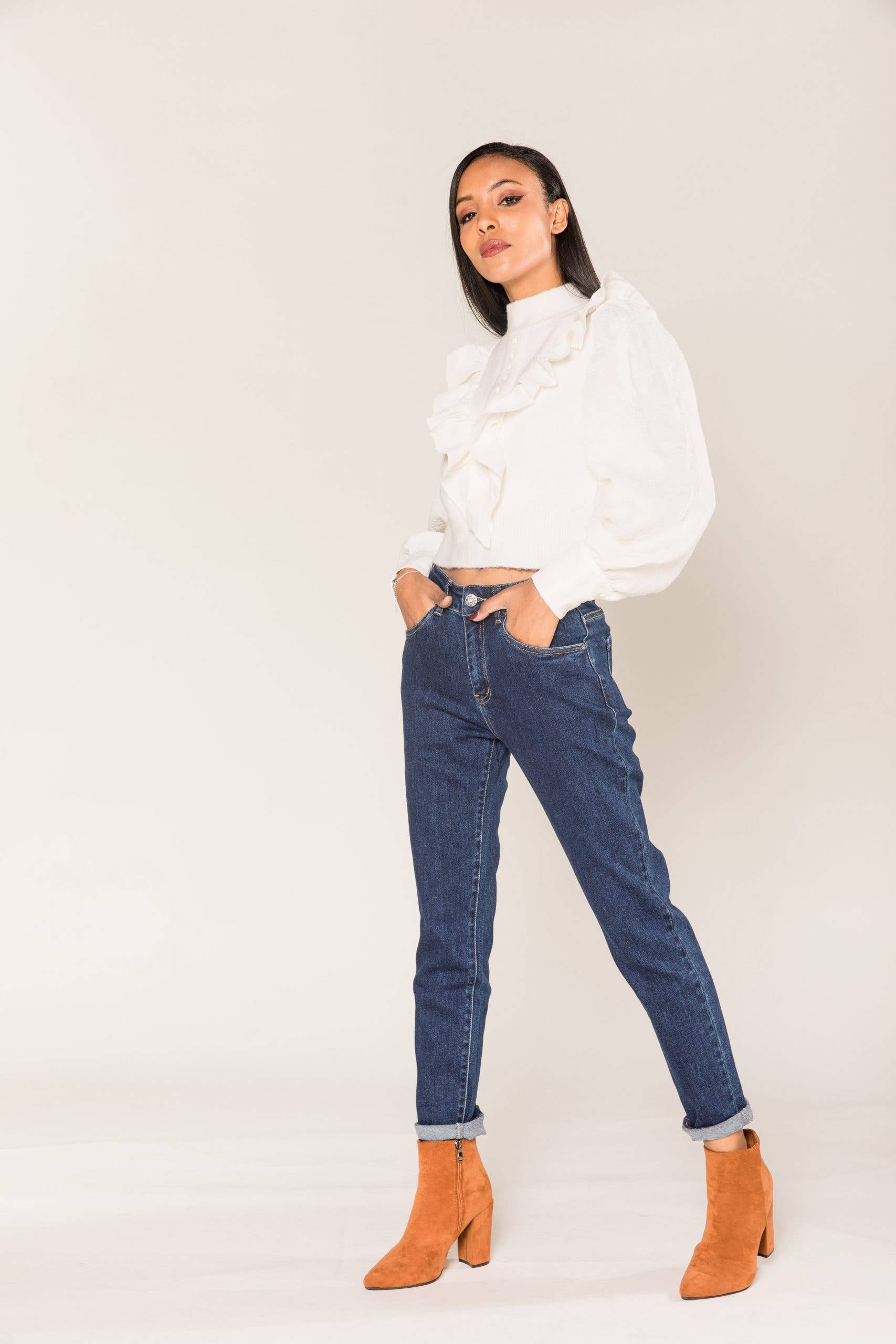 Mom Stretchjeans mit hoher Taille in dunkelblau