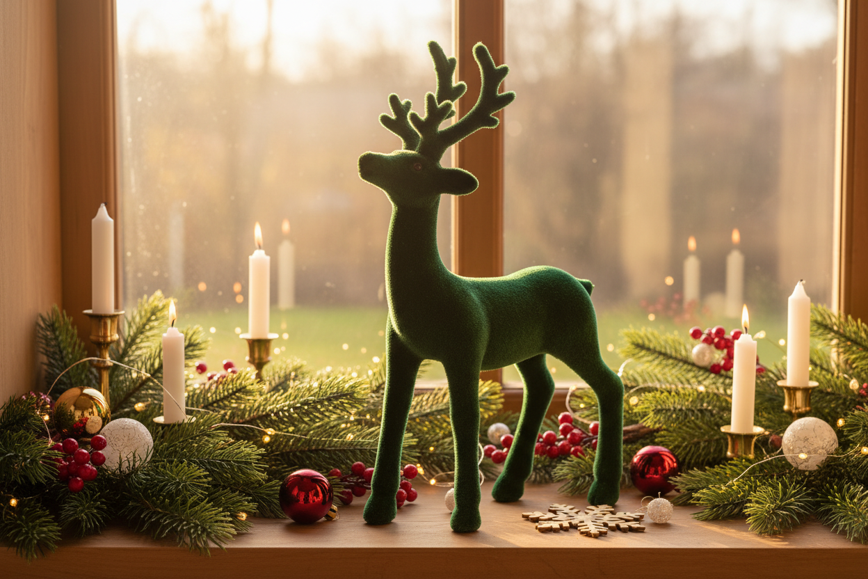 Stehender Hirsch in Tannengrün auf Fensterbank dekoriert KI