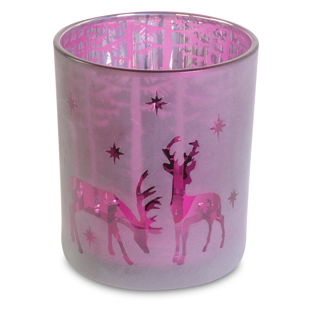 Teelichtglas lila mit Hirschen| 10 x 8,5 cm