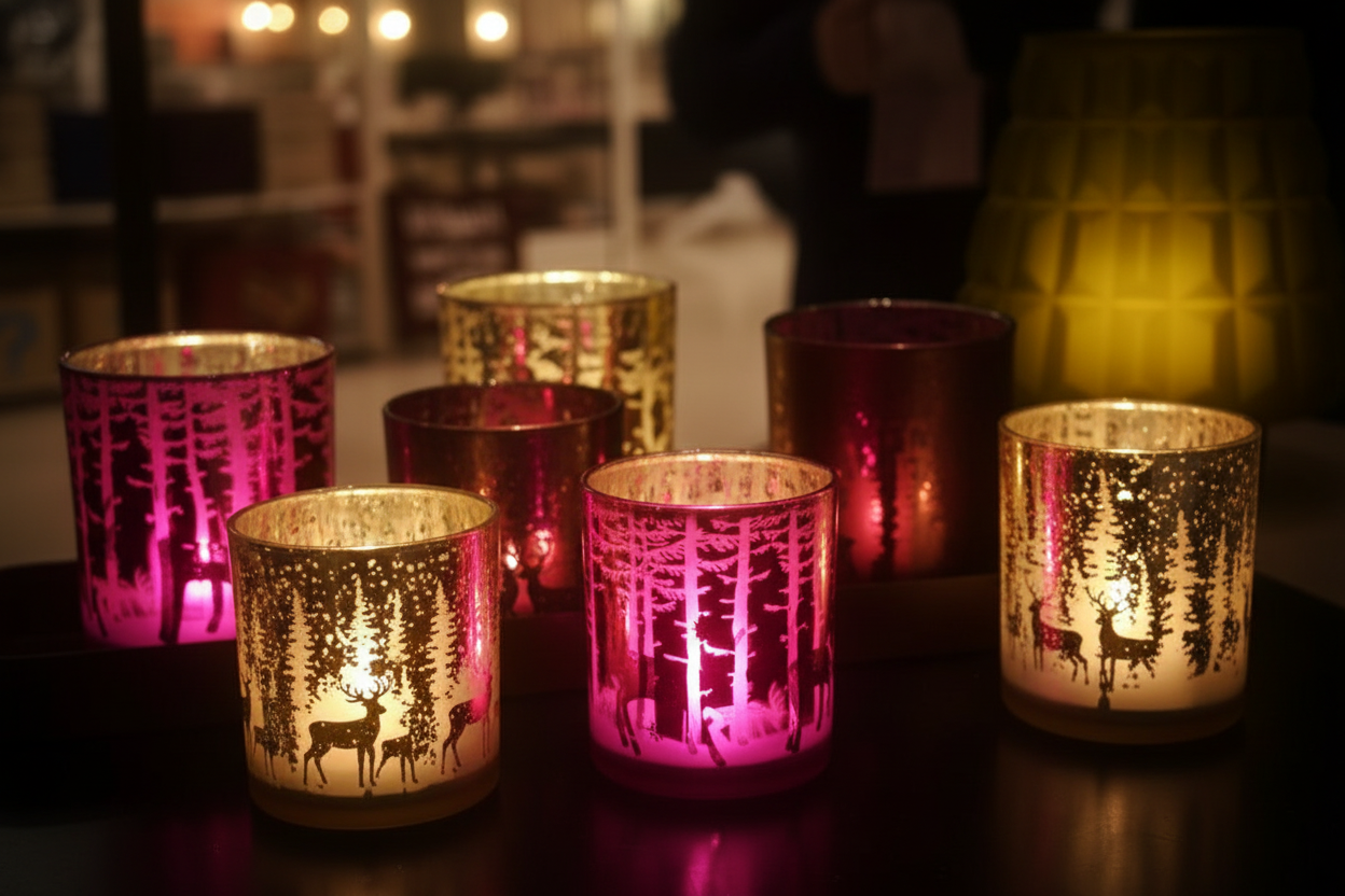 verschiedene Teelichtgläser mit Hirschen| leuchtend