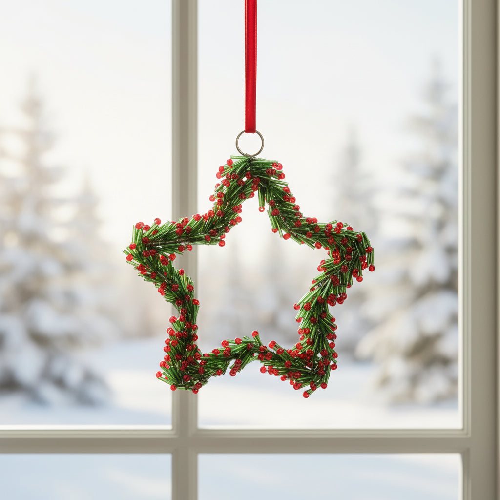 Stern aus Glasperlen| 14 cm| Grün-Rot