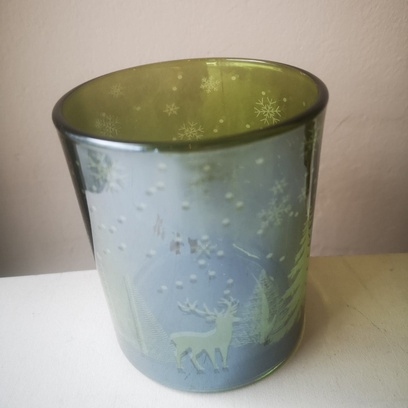 Grünes Teelichtglas| Tannen und Hirschen