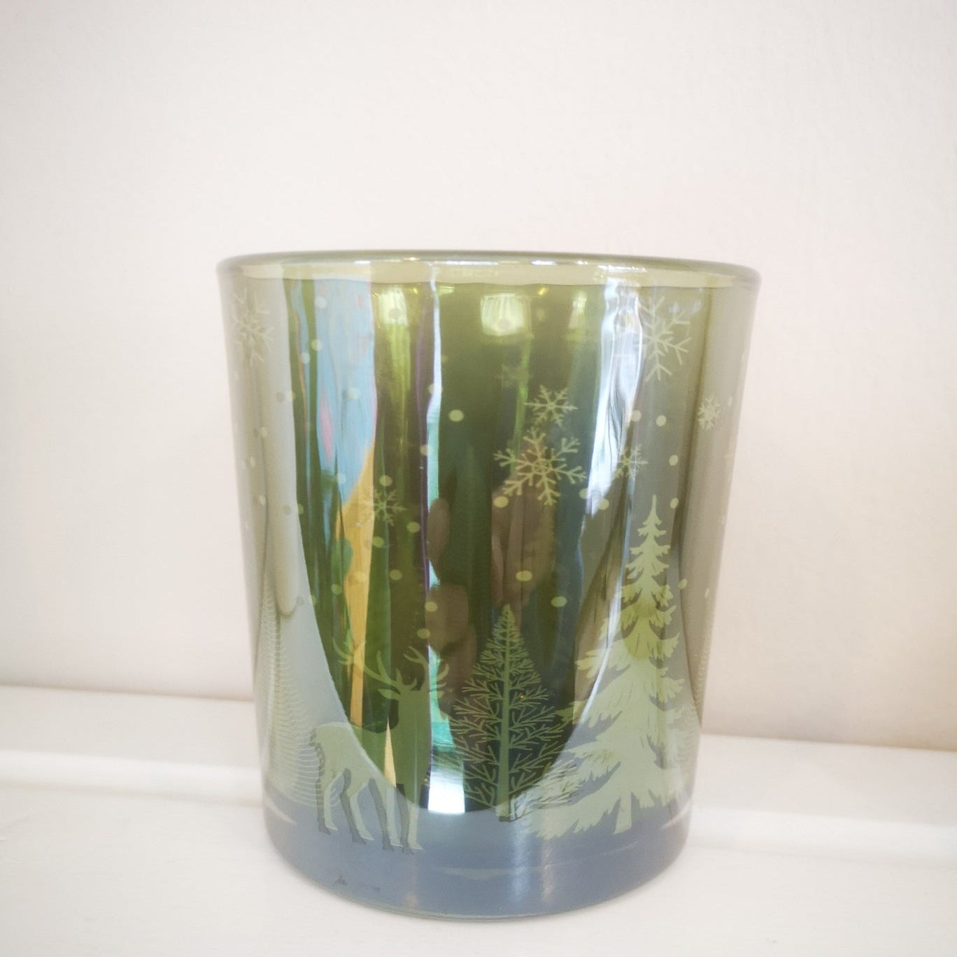 Grünes Teelichtglas| Tannen und Hirschen