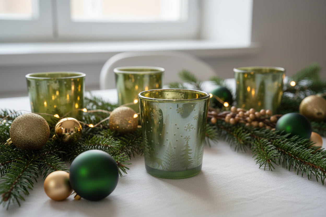 Grünes Teelichtglas| Tannen und Hirschen