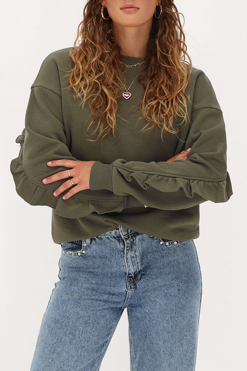 Olivfarbenes Sweatshirt mit Rüsche auf der Rückseite