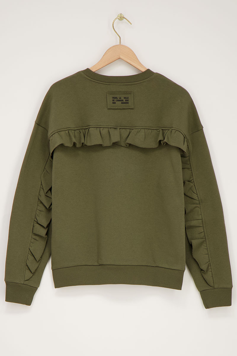 Olivfarbenes Sweatshirt mit Rüsche auf der Rückseite