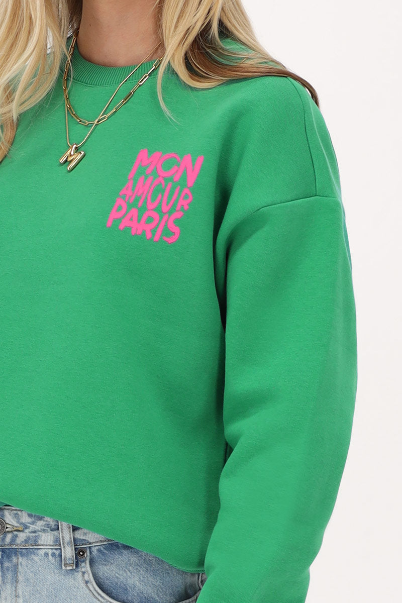 Grünes MY Jewellery Sweatshirt mit pinken "MON AMOUR PARIS" 