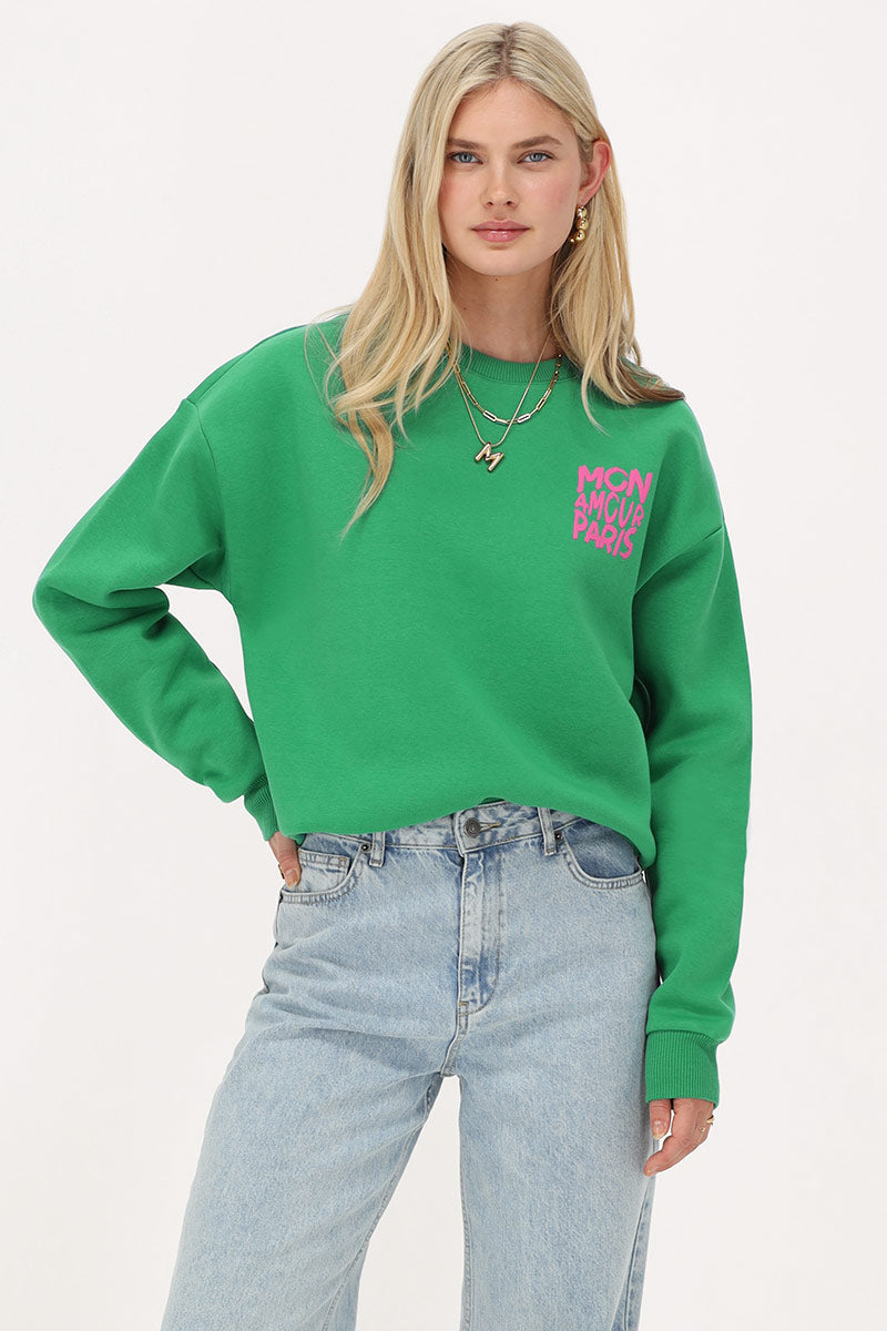 Grünes MY Jewellery Sweatshirt mit pinken "MON AMOUR PARIS" 