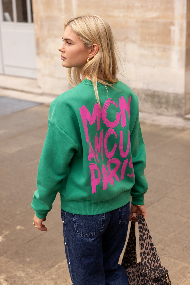 Grünes MY Jewellery Sweatshirt mit pinken "MON AMOUR PARIS" 