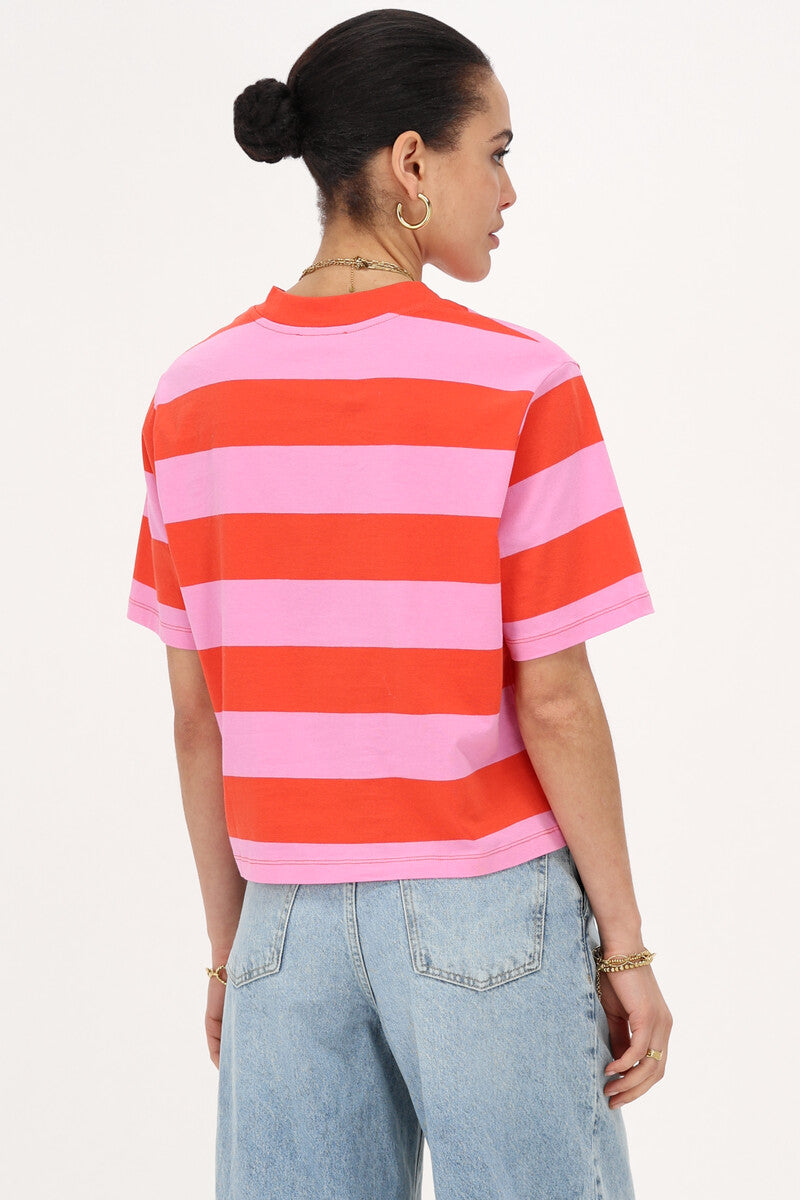 T-Shirt mit breiten Orange-Rosa Streifen 