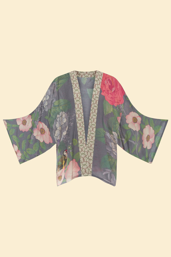 Lila Kimono Jacke mit rosa-pinken Blumen, Blüten