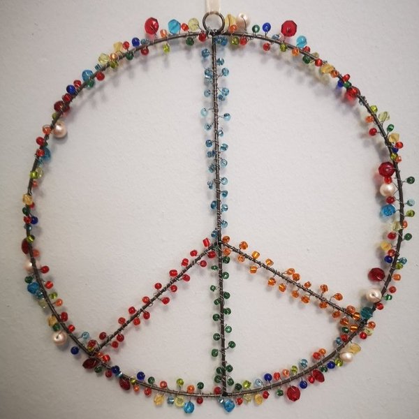 Peace Zeichen aus Draht mit bunten Perlen, Ø 20 cm