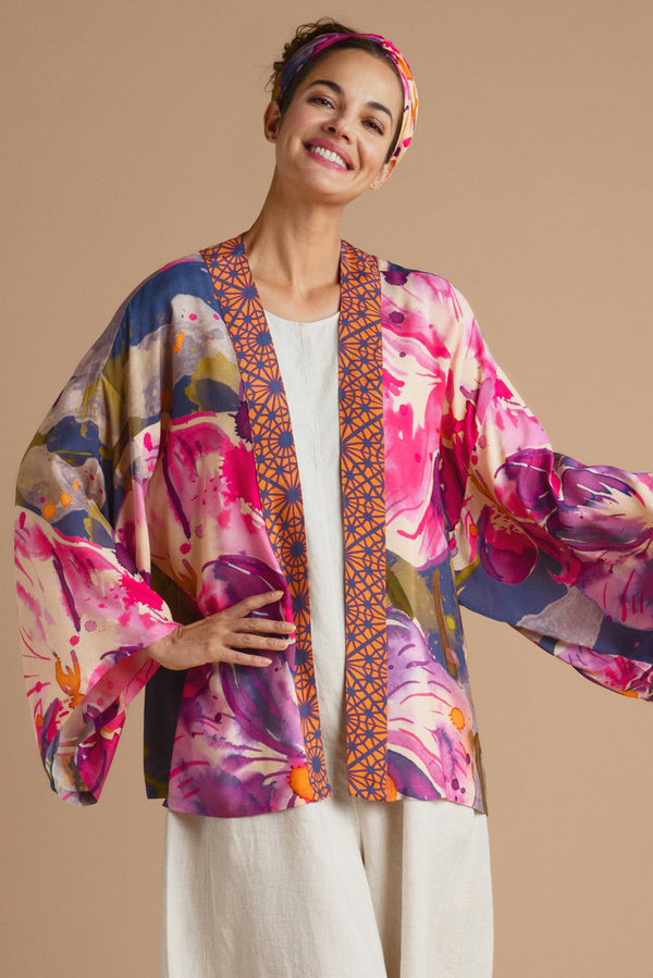 Blau-Pinker Kurzkimono mit Orchideen, Powder Design