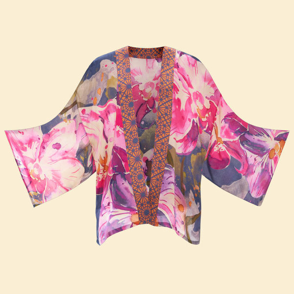 Blau-Pinker Kurzkimono mit Orchideen, Powder Design